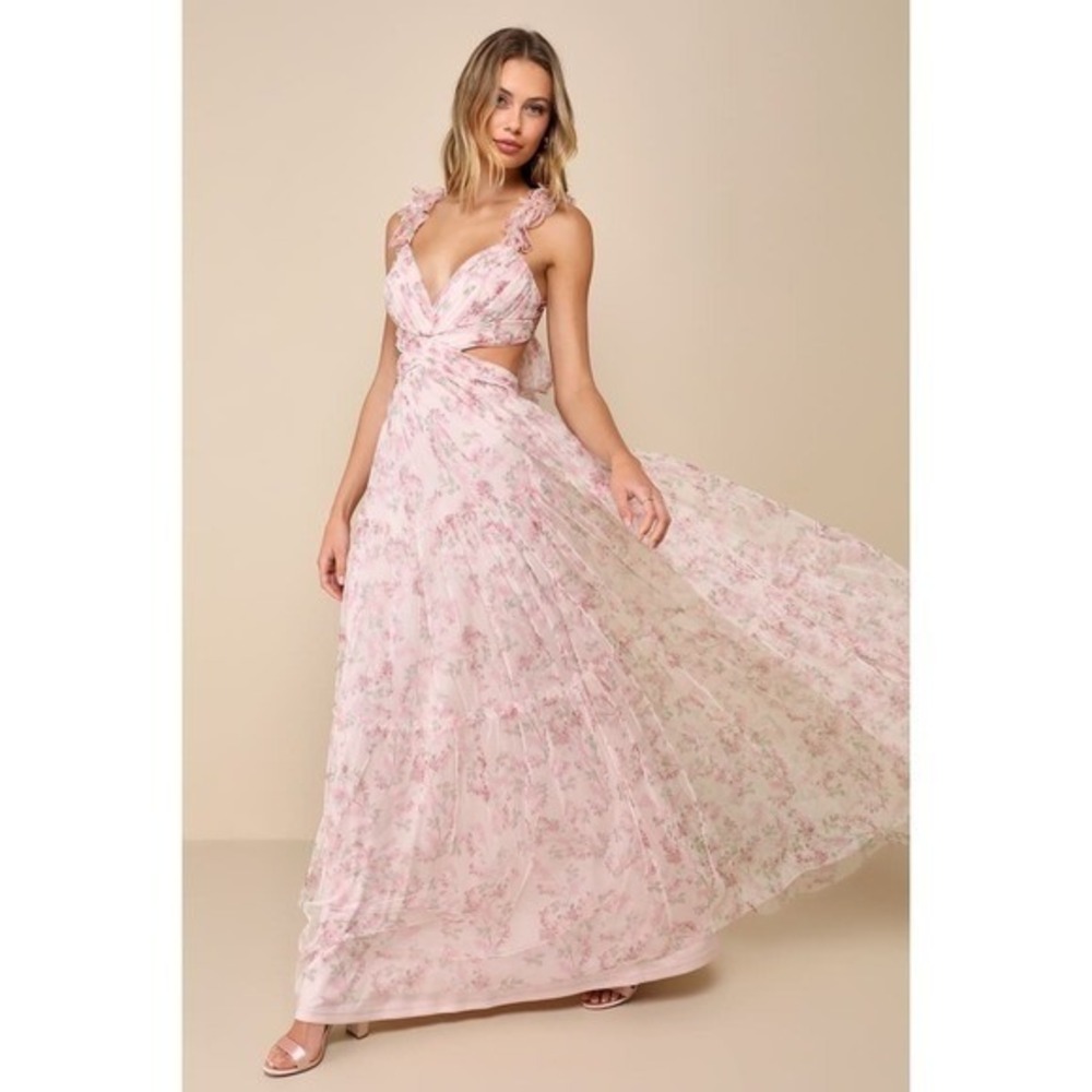 NWT Lulus Ethereal Love Blush Floral Pleated Tiered Tie-Back Maxi Dress Medium - Picture 5 of 12